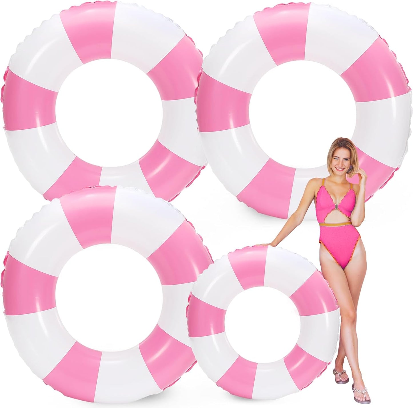 Whaline 4Pcs Inflatable Swimming Float Toy Striped Swim Ring Fun Print Pool Lounger Tube for Summer Swimming Beach Party