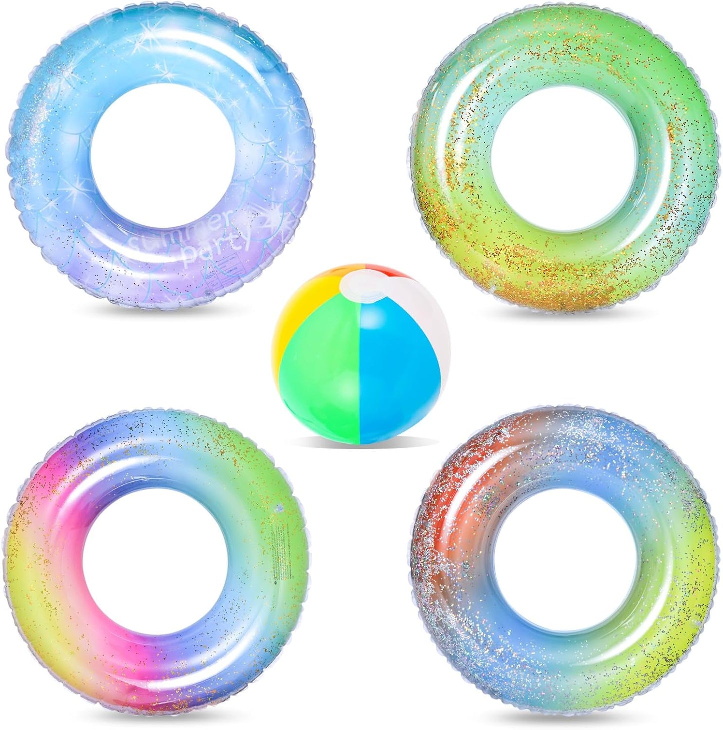 Bennol 4 PCS Swimming Rings with 1 Beach Ball Inflatable Pool Floats for Kids Adults 32.5'' Fruits Pool Floaties Rings Tube Toys for Summer Beach Water Float Party, Swimming Pool, Ocean, Beach Time