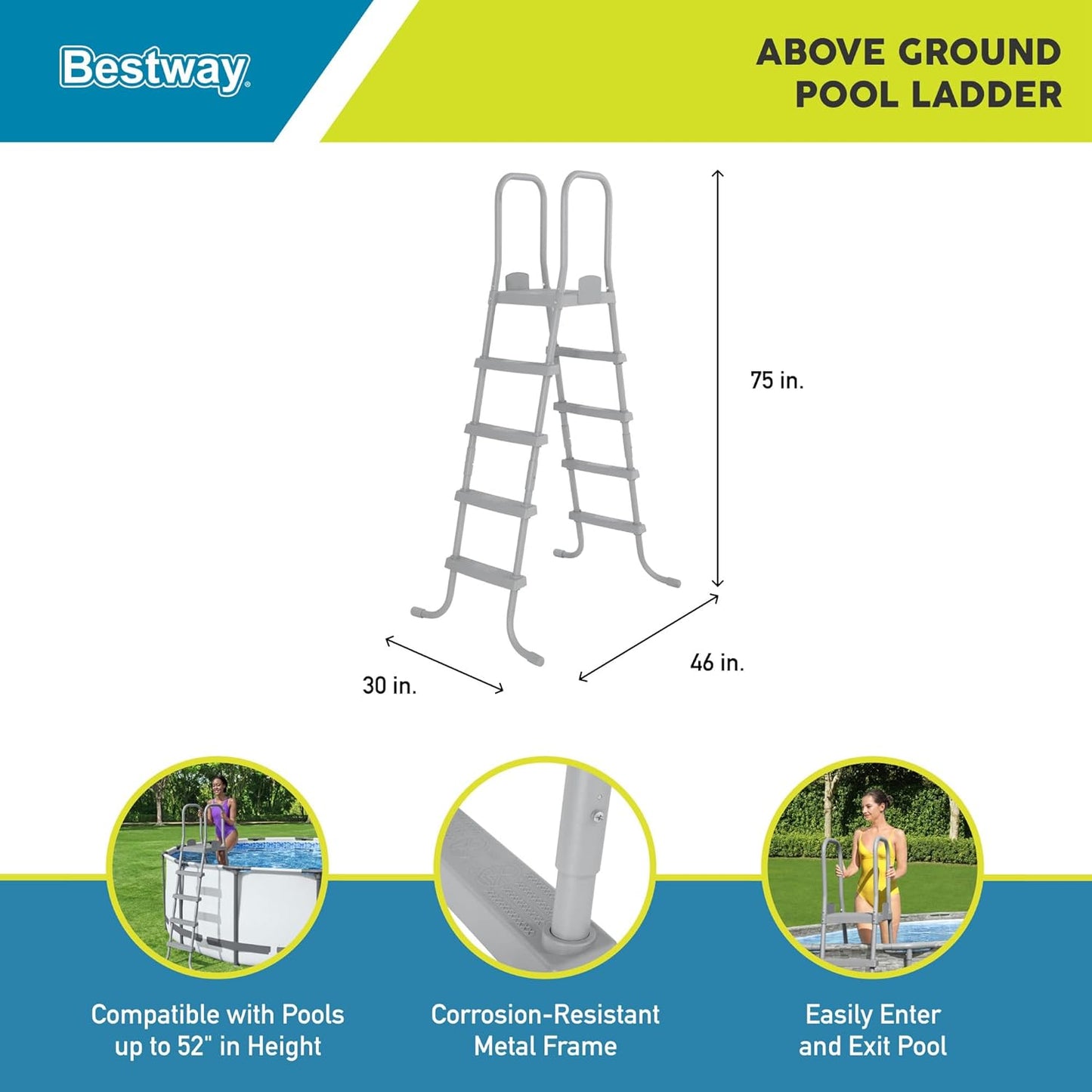 Bestway Flowclear 52 Inch Versatile Metal A Frame Above Ground Swimming Pool Ladder with Heavy Duty Plastic Double Sided Steps