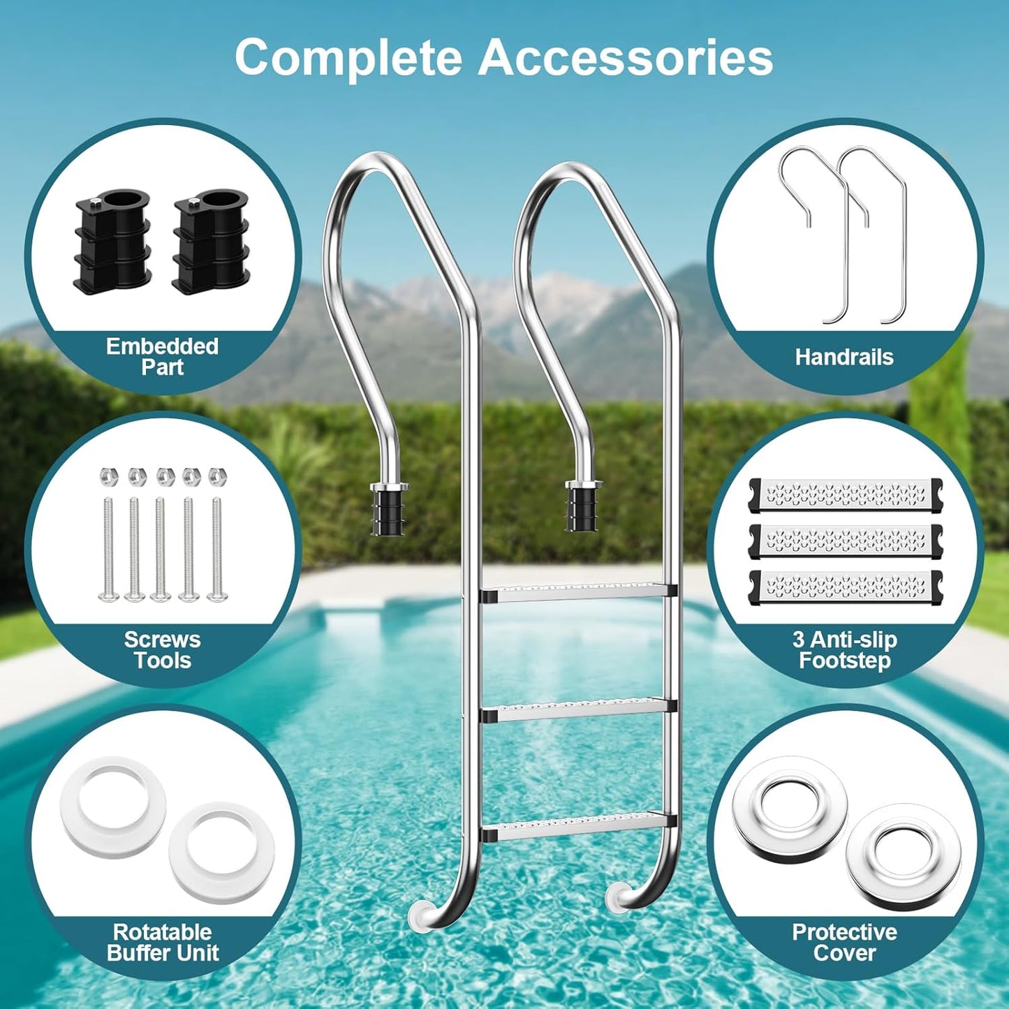 Swimming Pool Ladder, 3-Step Stainless Steel Non-Slip Pedals Pool Stairs for In-Ground Pools, Weight Capacity 330lbs, Easy to Install and Climb for Indoor/Outdoor Pools