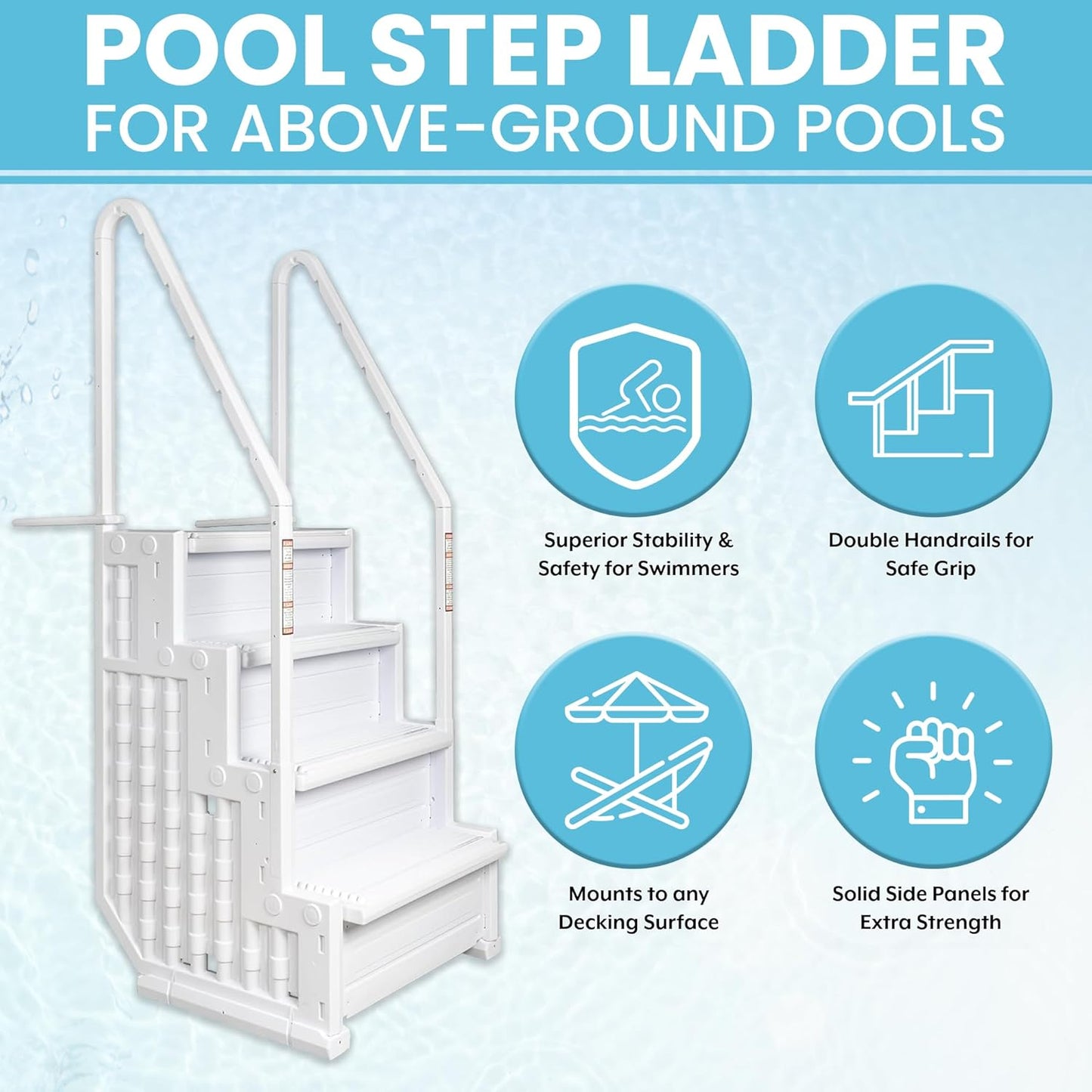 Poolzilla Premium Pool Step Ladder for Above Ground Pools - Deck Mounted Ladder w/Double Handrails - for 48’’ to 54’’ in. Above Ground Pools