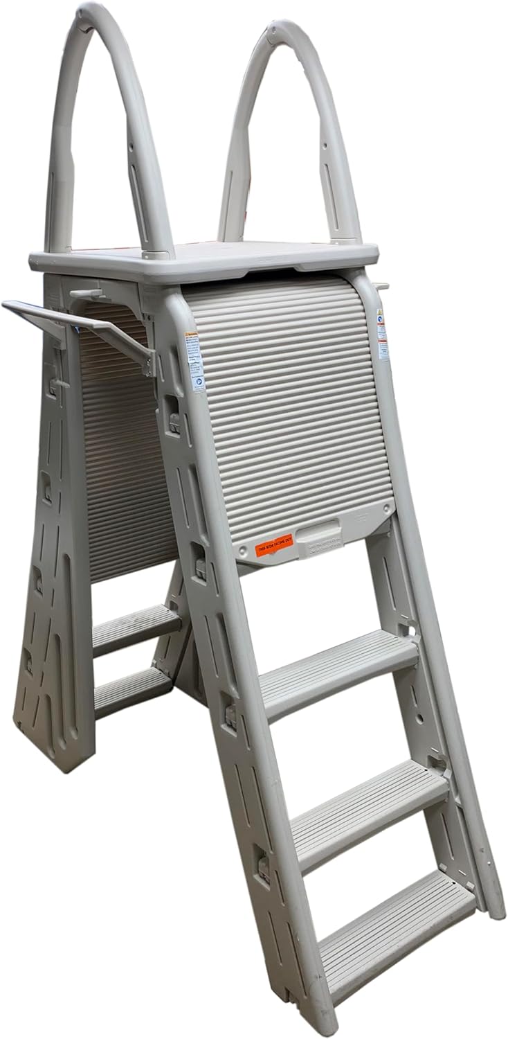 Confer Plastics 7200 Roll Guard 48" to 56" Adjustable A Frame Safety Ladder for Above Ground Outdoor Patio Swimming Pool Platform Ladder with Step Barrier, Warm Grey…