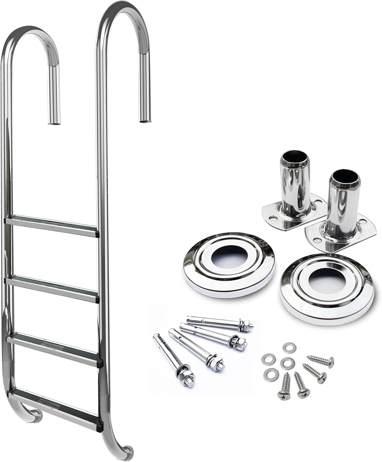 3 Treads In Ground Stainless Steel Swimming Pool Ladder Stainless Steel Steps Entry and Exit System For Up To 250 Pound Capacity replacement 1.90 Inch Diameter Wooden Concrete Deck(3 Treads)