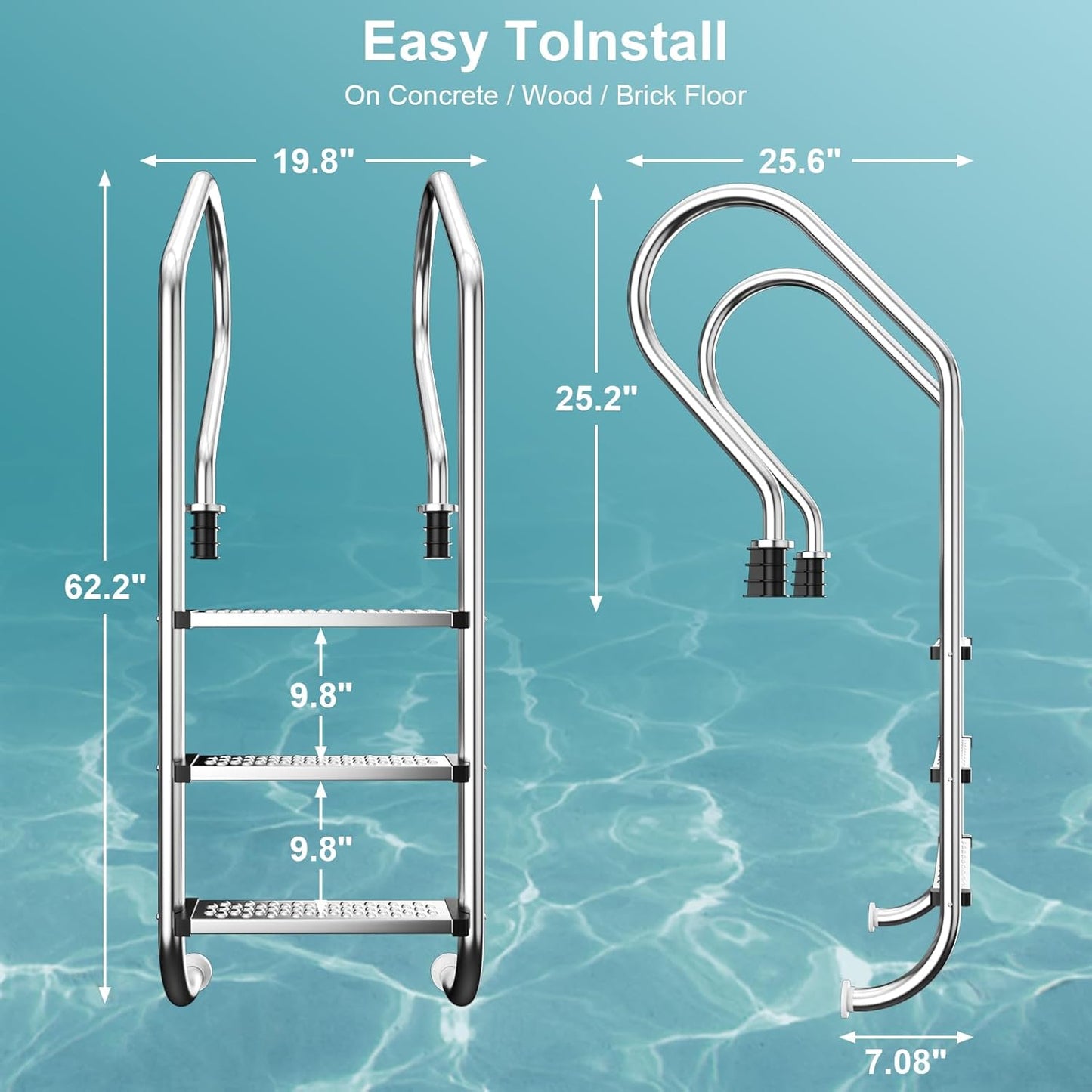 Swimming Pool Ladder, 3-Step Stainless Steel Non-Slip Pedals Pool Stairs for In-Ground Pools, Weight Capacity 330lbs, Easy to Install and Climb for Indoor/Outdoor Pools