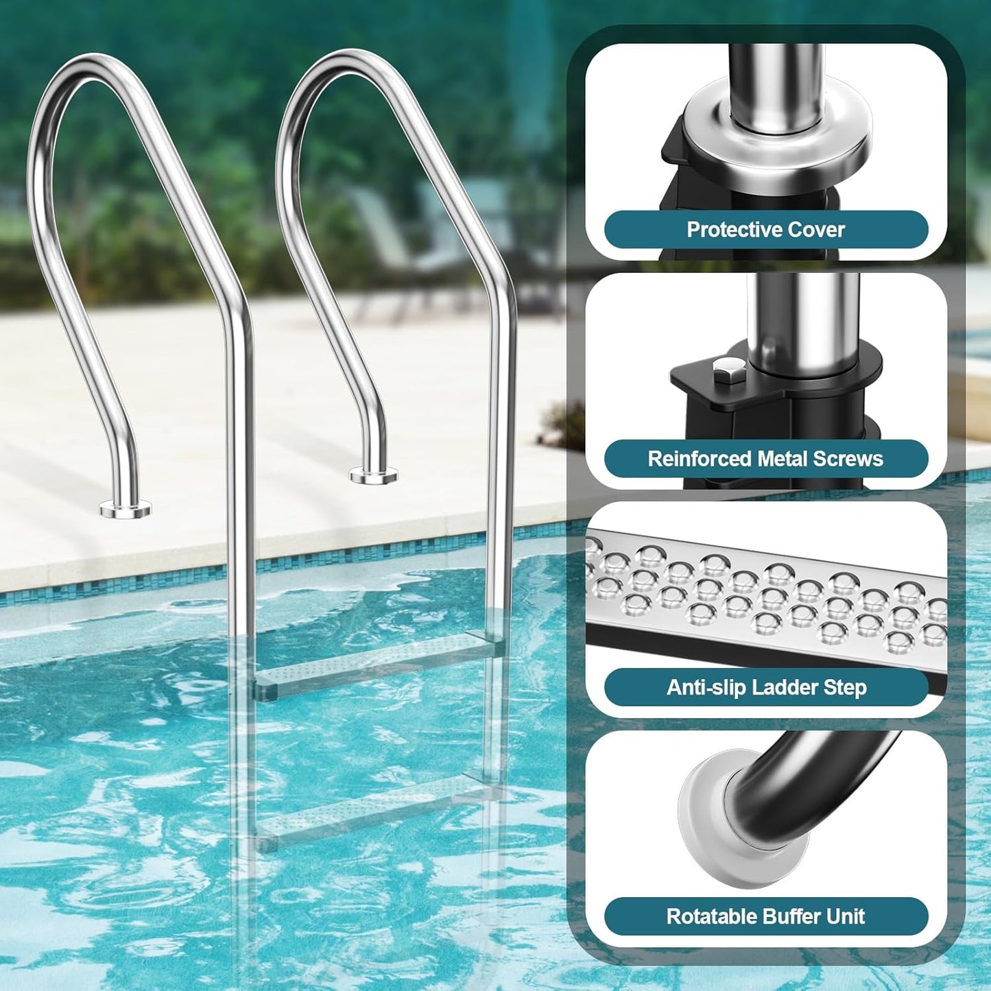 Swimming Pool Ladder, 3-Step Stainless Steel Non-Slip Pedals Pool Stairs for In-Ground Pools, Weight Capacity 330lbs, Easy to Install and Climb for Indoor/Outdoor Pools