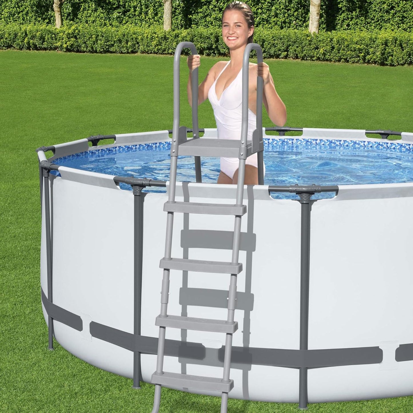 Bestway Flowclear 52 Inch Versatile Metal A Frame Above Ground Swimming Pool Ladder with Heavy Duty Plastic Double Sided Steps