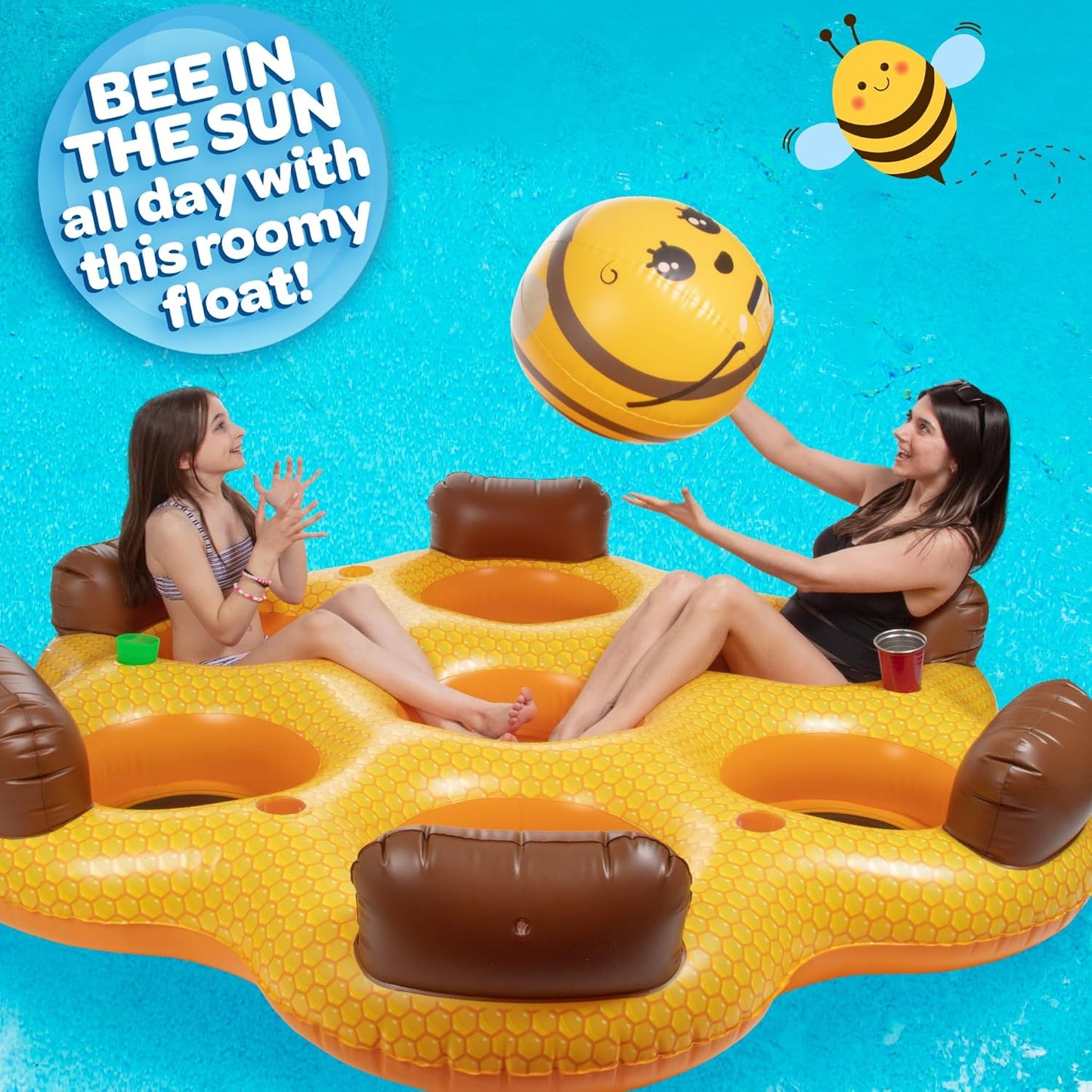 Giant Inflatable Honeycomb Swimming Pool Float - Seats 6 and Holds Over 1000 POUNDS, Multi-Person Tube for Kids or Adults- Bonus XL Beach Ball- Mesh Seating, Backrests, Cup Holders-Thick Durable PVC