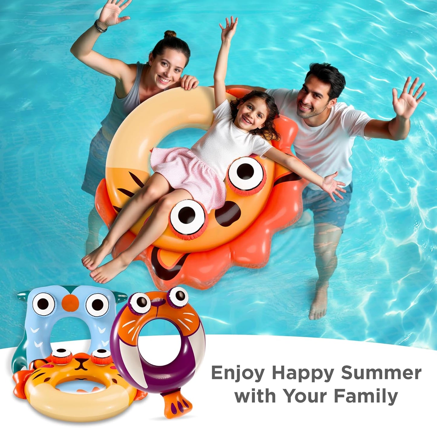 Pool Wave Kids Swim Rings Pool Floats, Toddler Inflatable Animal Swimming Tube Floaties, Summer Outdoor Water Floating Toy, Family Party Gift 3 4 5 6 7 8 9 Year Old Boy Girl Children Teen - 3 Pack