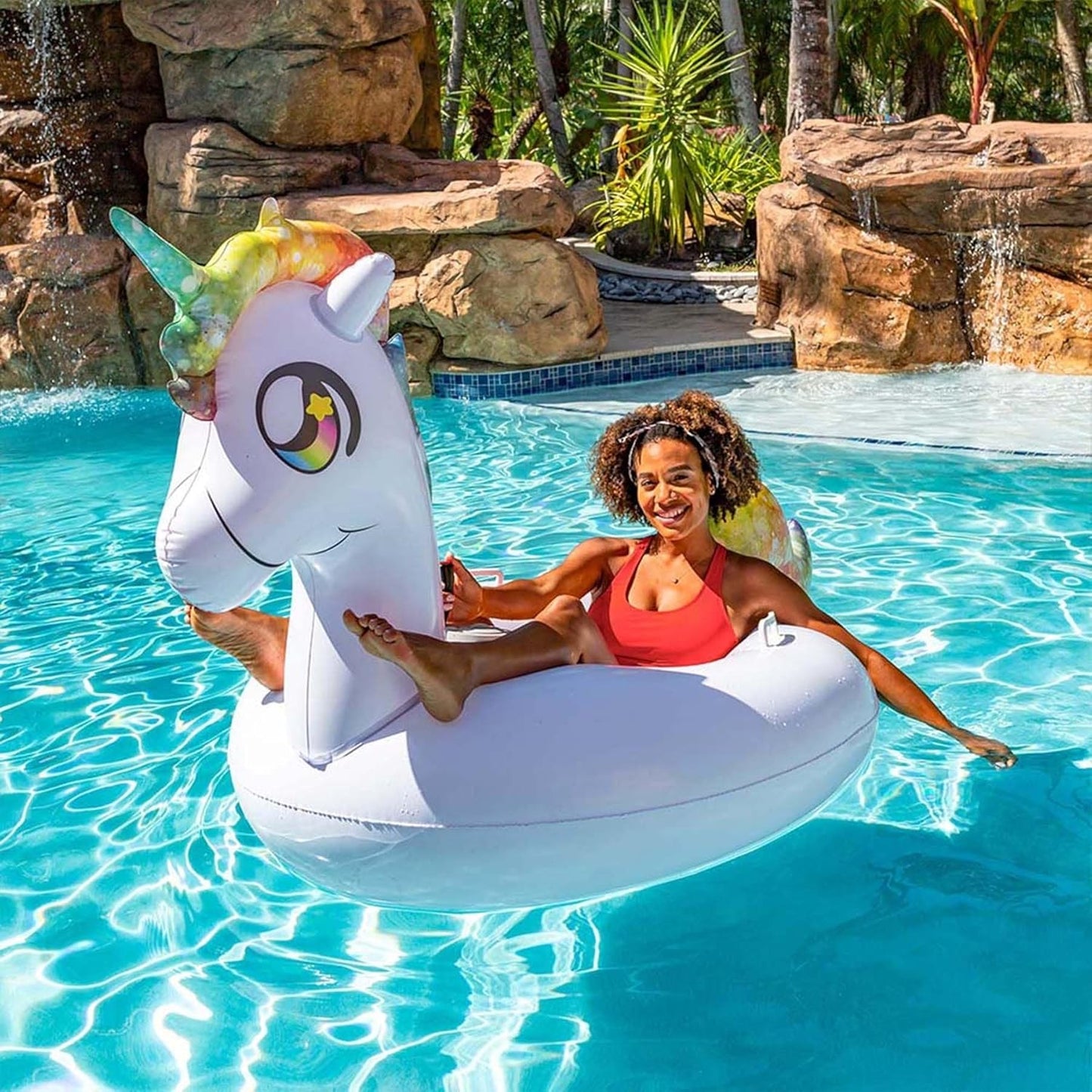 PoolCandy Tube Runner - Swimming Pool Motorized Inflatable Gigantic Animal Ride-ons (White Unicorn Pool Float)