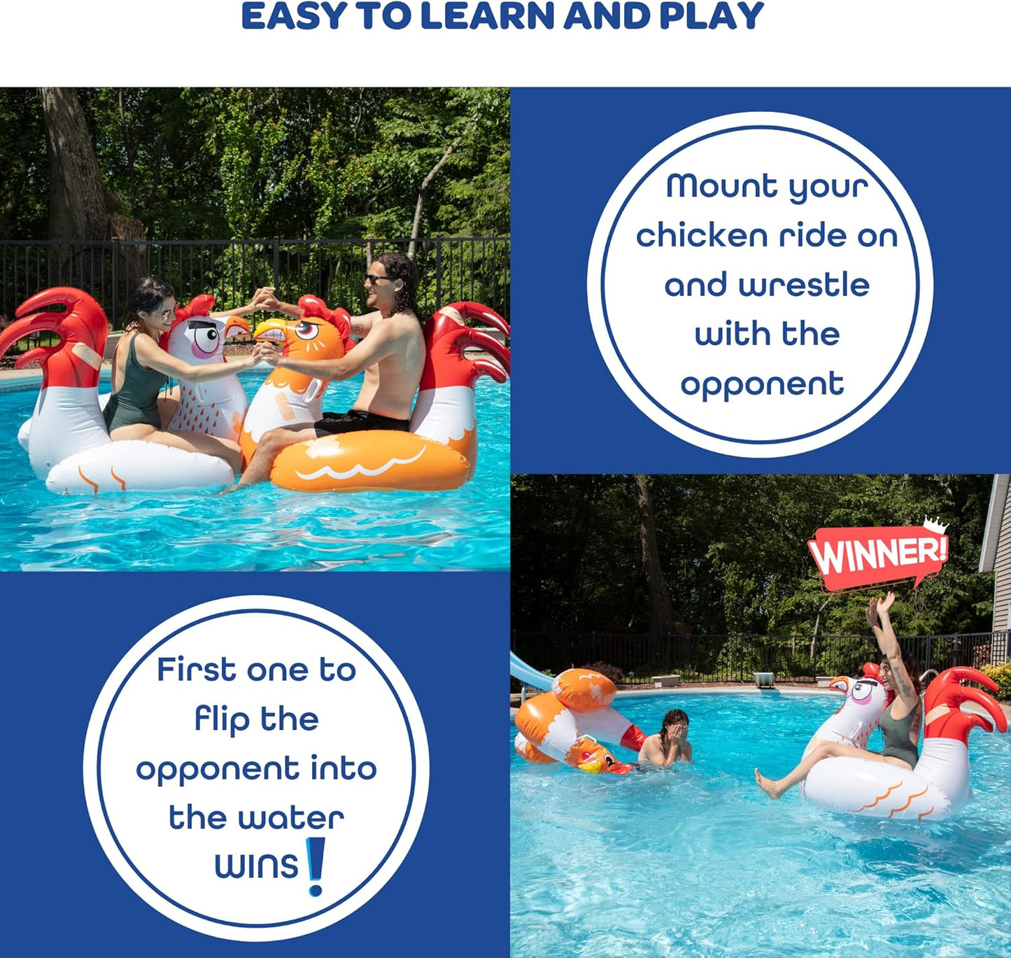 SCS Direct Chicken Fight Inflatable Pool Float Game Set - Includes 2 Giant Battle Ride-Ons - Flip Your Friends to Win- for Outdoor Swimming Party Activities Fun w/Kids Family Adults, Summer Gift