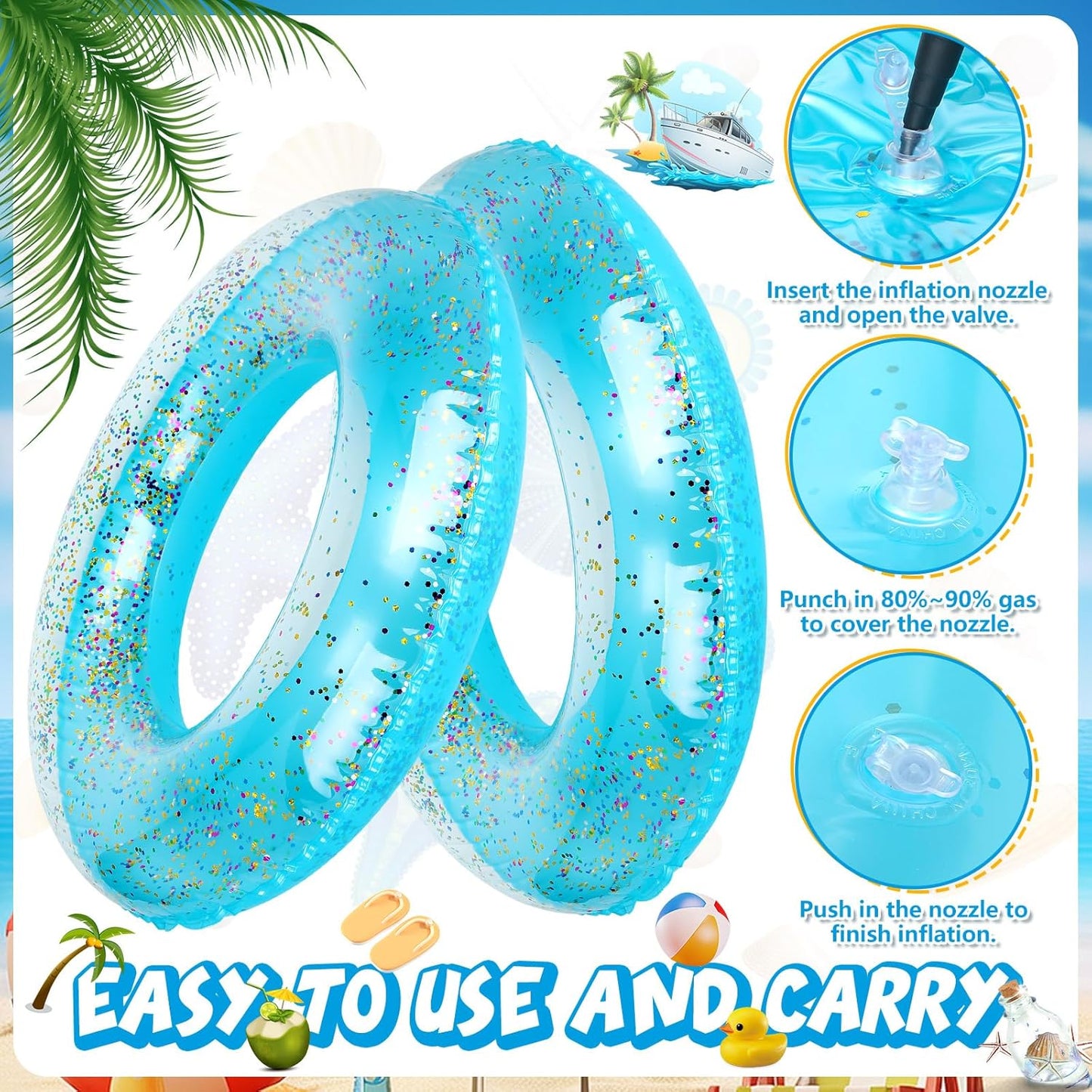 12 Pcs Summer Swim Rings with Glitter Fun Inflatable Pool Float Round Shaped Swimming Pool Tubes for Beach Party Supplies