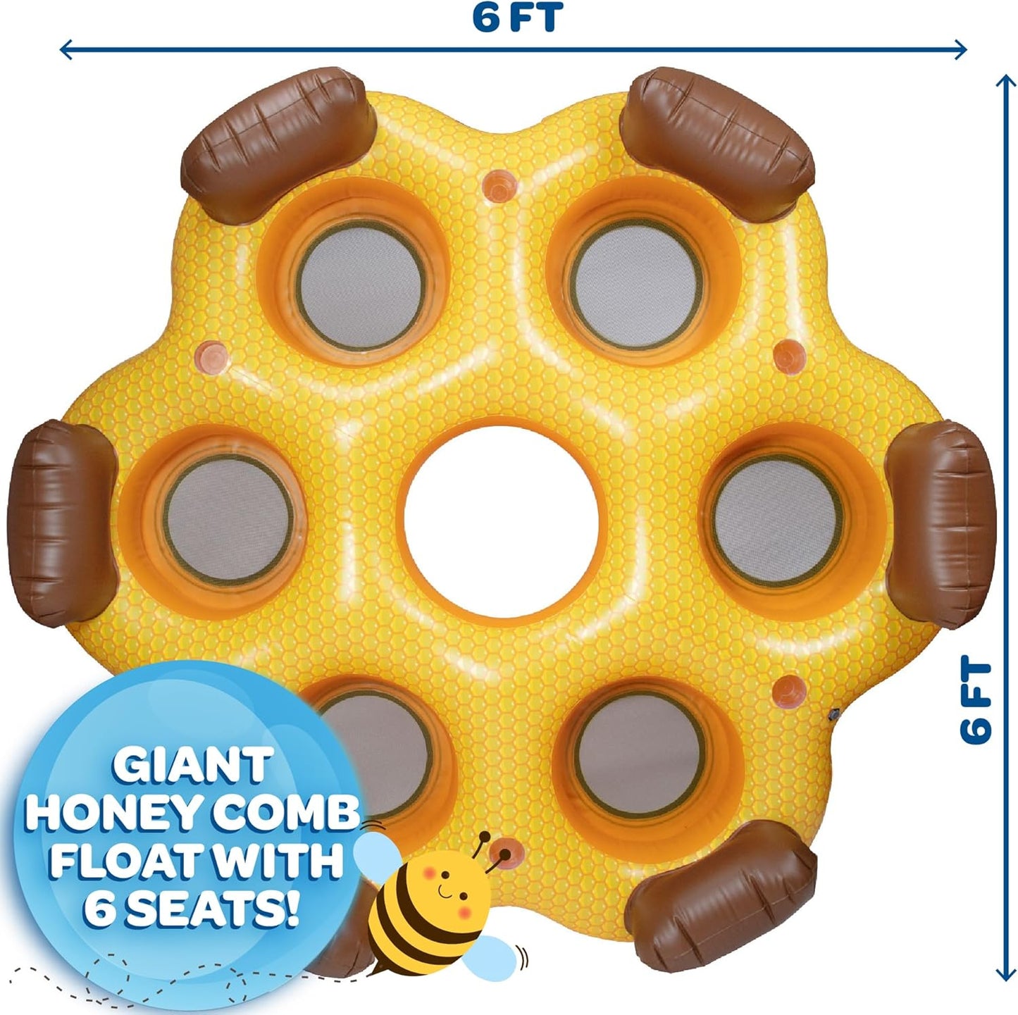 Giant Inflatable Honeycomb Swimming Pool Float - Seats 6 and Holds Over 1000 POUNDS, Multi-Person Tube for Kids or Adults- Bonus XL Beach Ball- Mesh Seating, Backrests, Cup Holders-Thick Durable PVC