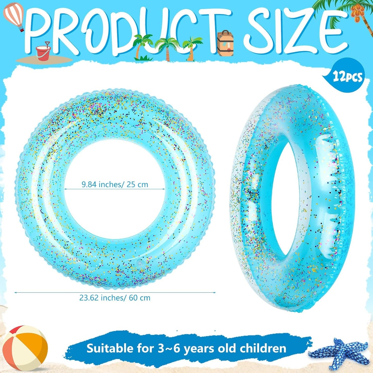 12 Pcs Summer Swim Rings with Glitter Fun Inflatable Pool Float Round Shaped Swimming Pool Tubes for Beach Party Supplies