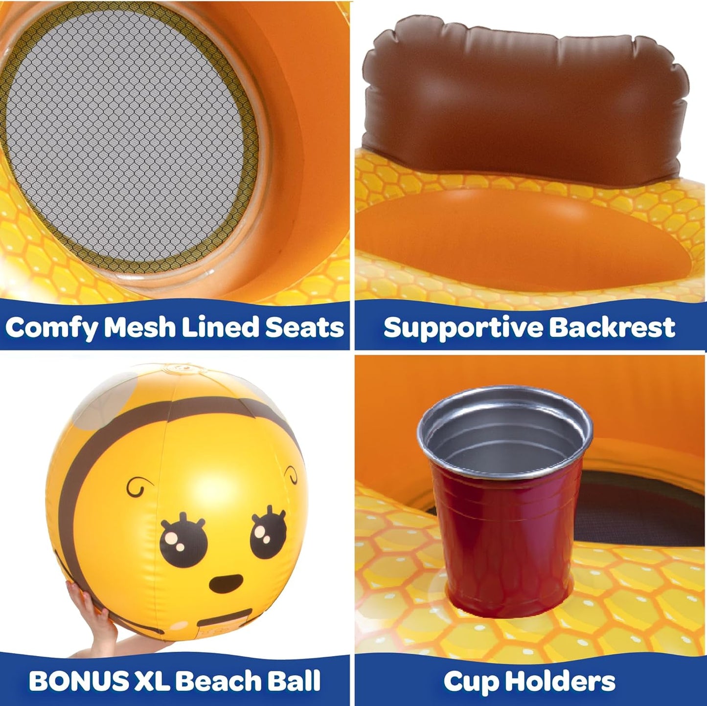Giant Inflatable Honeycomb Swimming Pool Float - Seats 6 and Holds Over 1000 POUNDS, Multi-Person Tube for Kids or Adults- Bonus XL Beach Ball- Mesh Seating, Backrests, Cup Holders-Thick Durable PVC