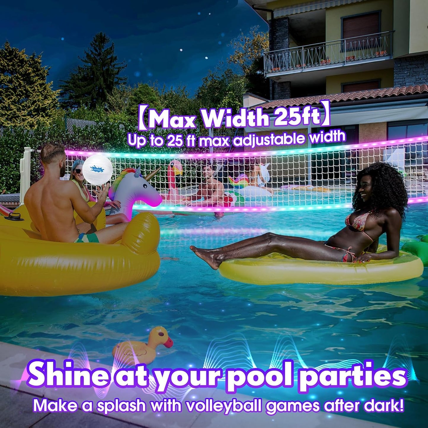 2-in-1 LED Pool Volleyball & Basketball Game Set, Light Up Pool Sport Combo Set with 14in LED Rim/4 Glow Balls/2 Base/Pump, Inground Swimming Pool Toy Game for Adults & Family