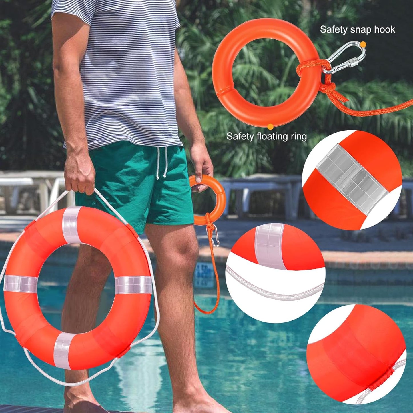 20 Inch Life Preserver Ring with Water Floating Lifesaving Rope 98.4FT Set, Swim Foam Buoy Swimming Pool Safety Throwing Ring Rope Rescue Lifeguard Wall Decoration