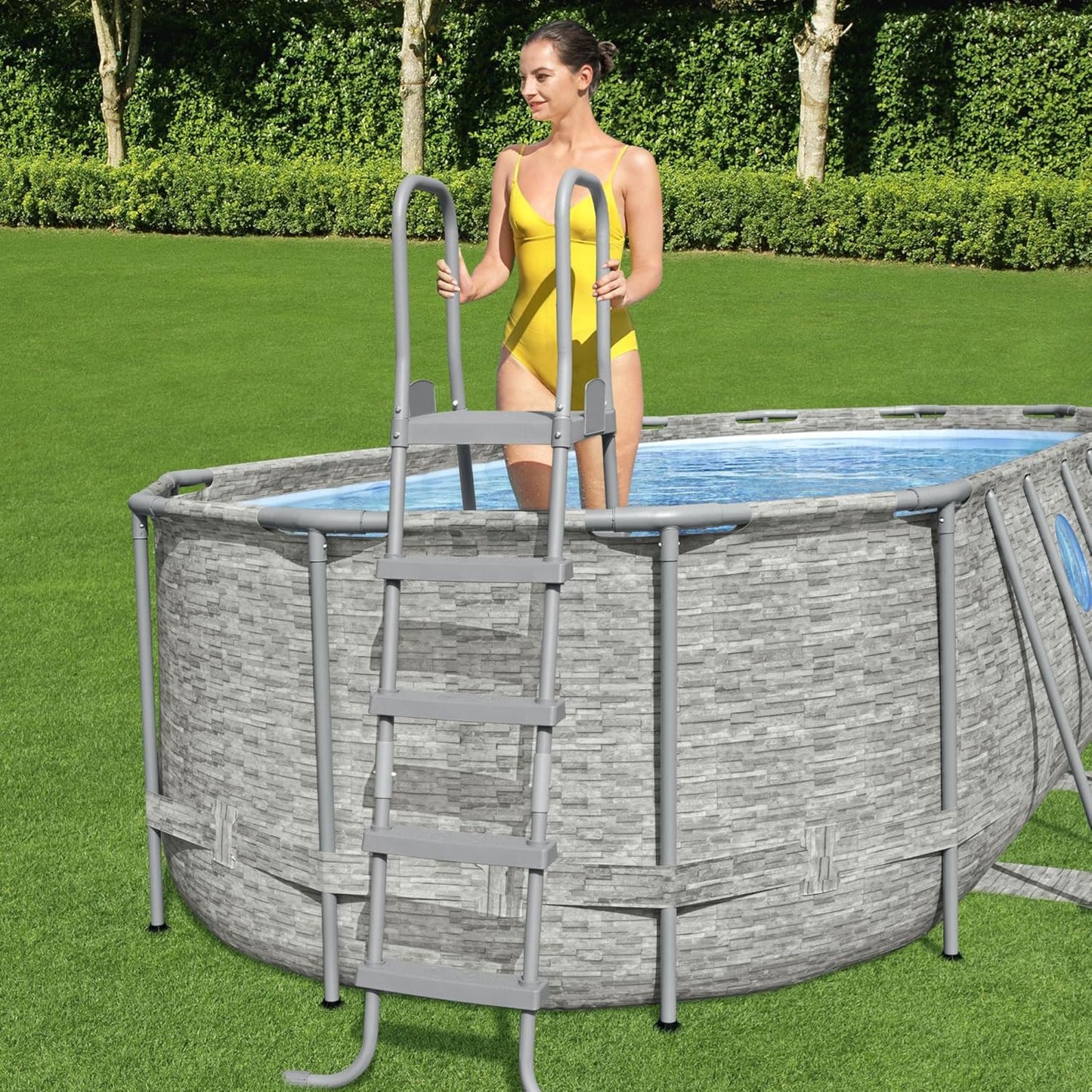 Bestway Flowclear 52 Inch Versatile Metal A Frame Above Ground Swimming Pool Ladder with Heavy Duty Plastic Double Sided Steps