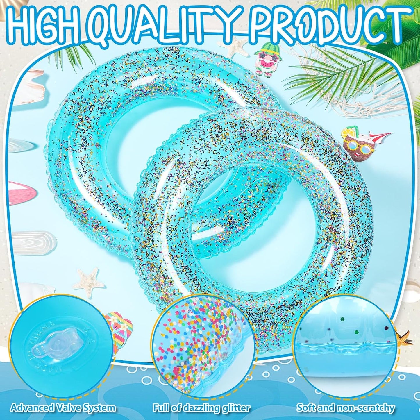 12 Pcs Summer Swim Rings with Glitter Fun Inflatable Pool Float Round Shaped Swimming Pool Tubes for Beach Party Supplies