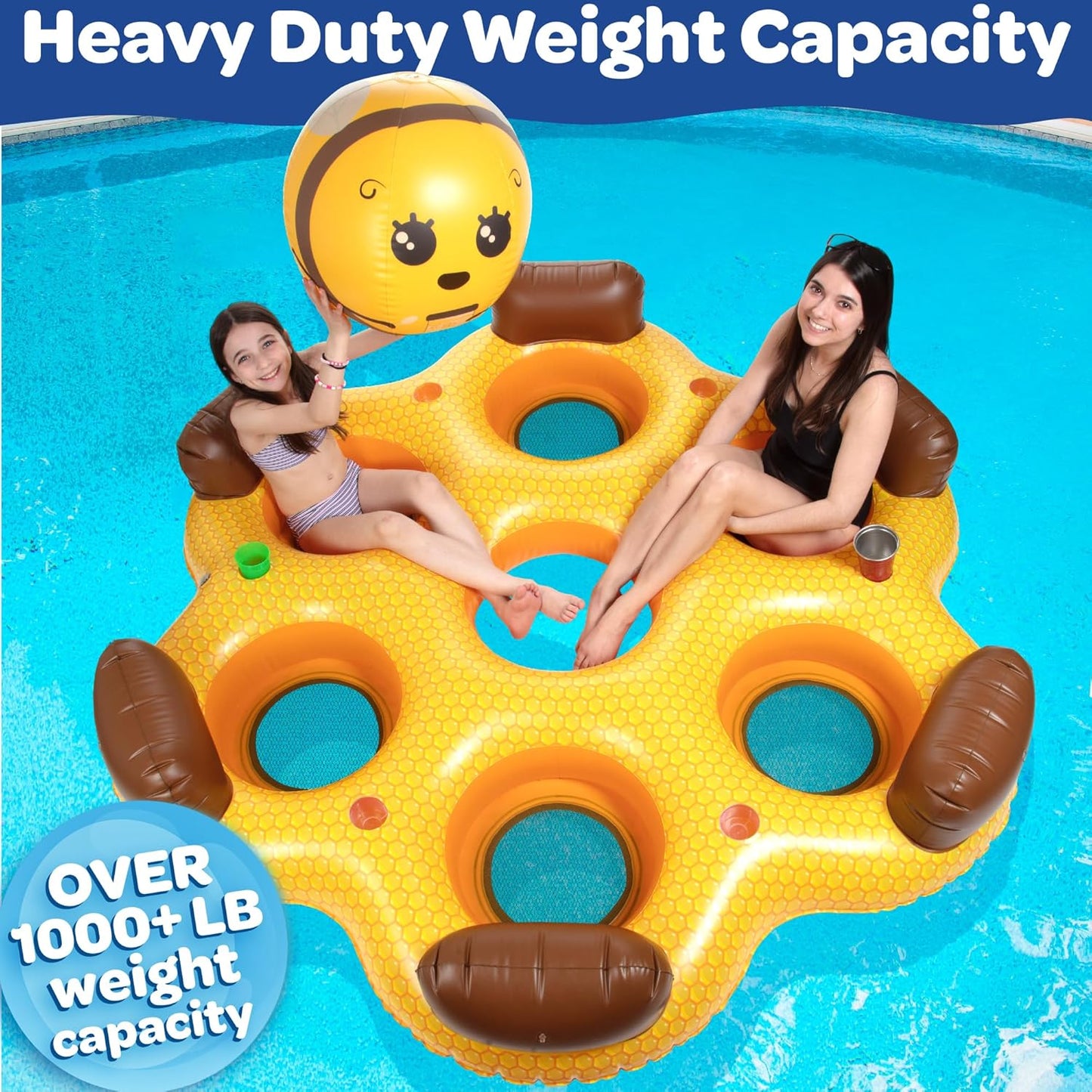 Giant Inflatable Honeycomb Swimming Pool Float - Seats 6 and Holds Over 1000 POUNDS, Multi-Person Tube for Kids or Adults- Bonus XL Beach Ball- Mesh Seating, Backrests, Cup Holders-Thick Durable PVC