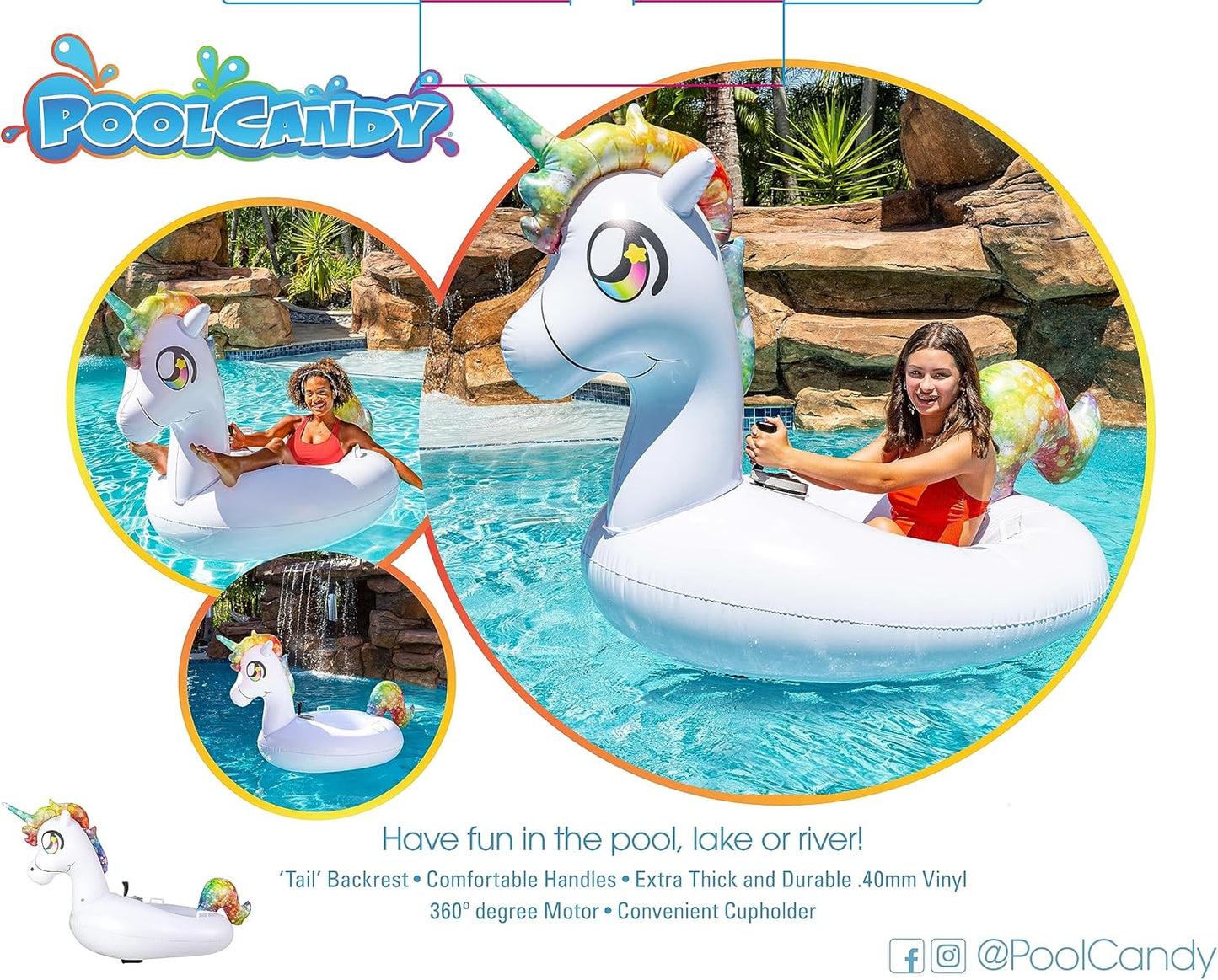 PoolCandy Tube Runner - Swimming Pool Motorized Inflatable Gigantic Animal Ride-ons (White Unicorn Pool Float)
