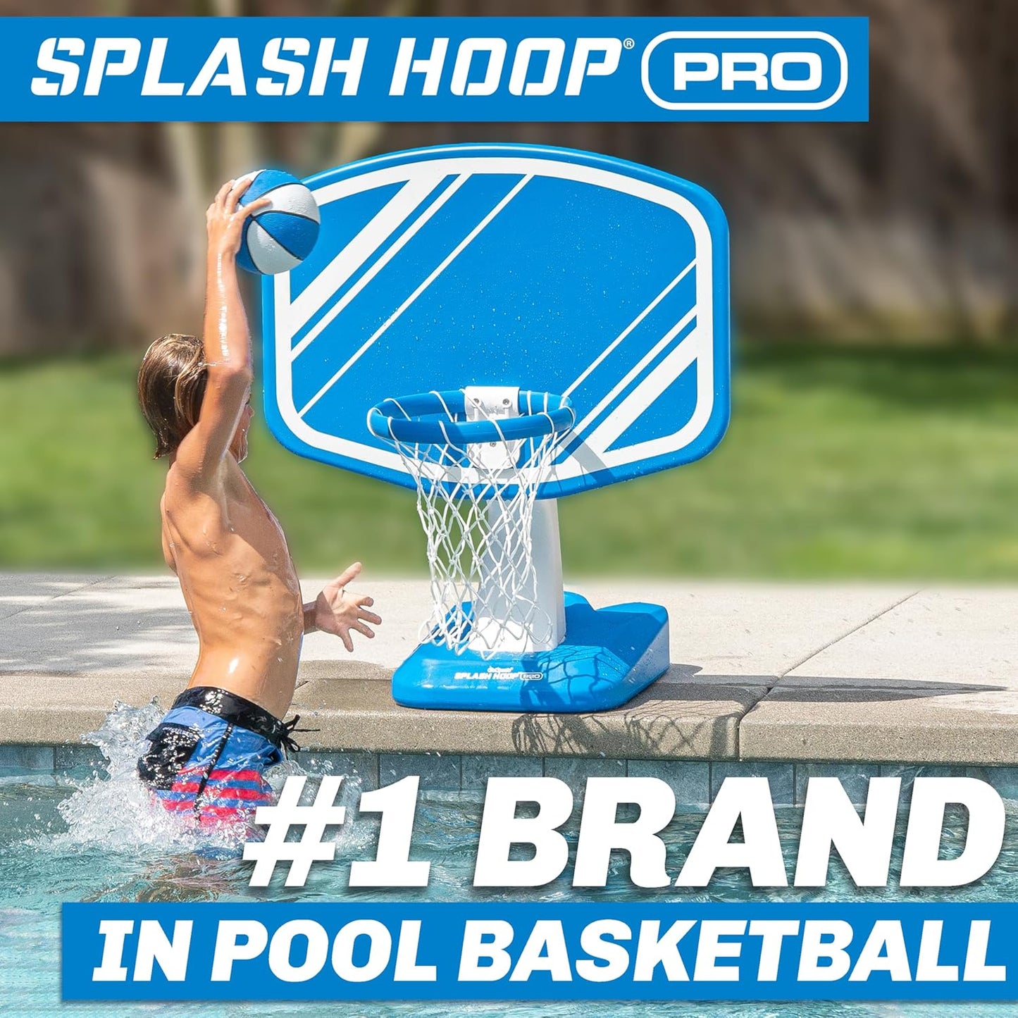 GoSports Splash Hoop PRO Swimming Pool Basketball Game - Includes Poolside Water Basketball Hoop, 2 Balls and Pump - Blue