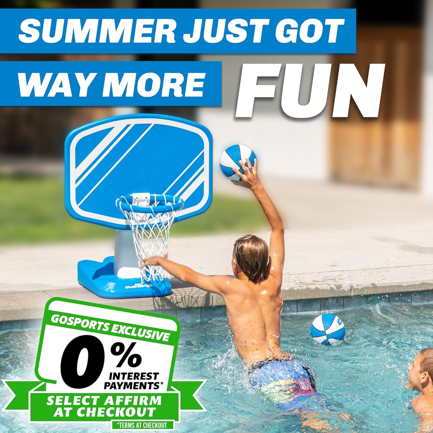 GoSports Splash Hoop PRO Swimming Pool Basketball Game - Includes Poolside Water Basketball Hoop, 2 Balls and Pump - Blue