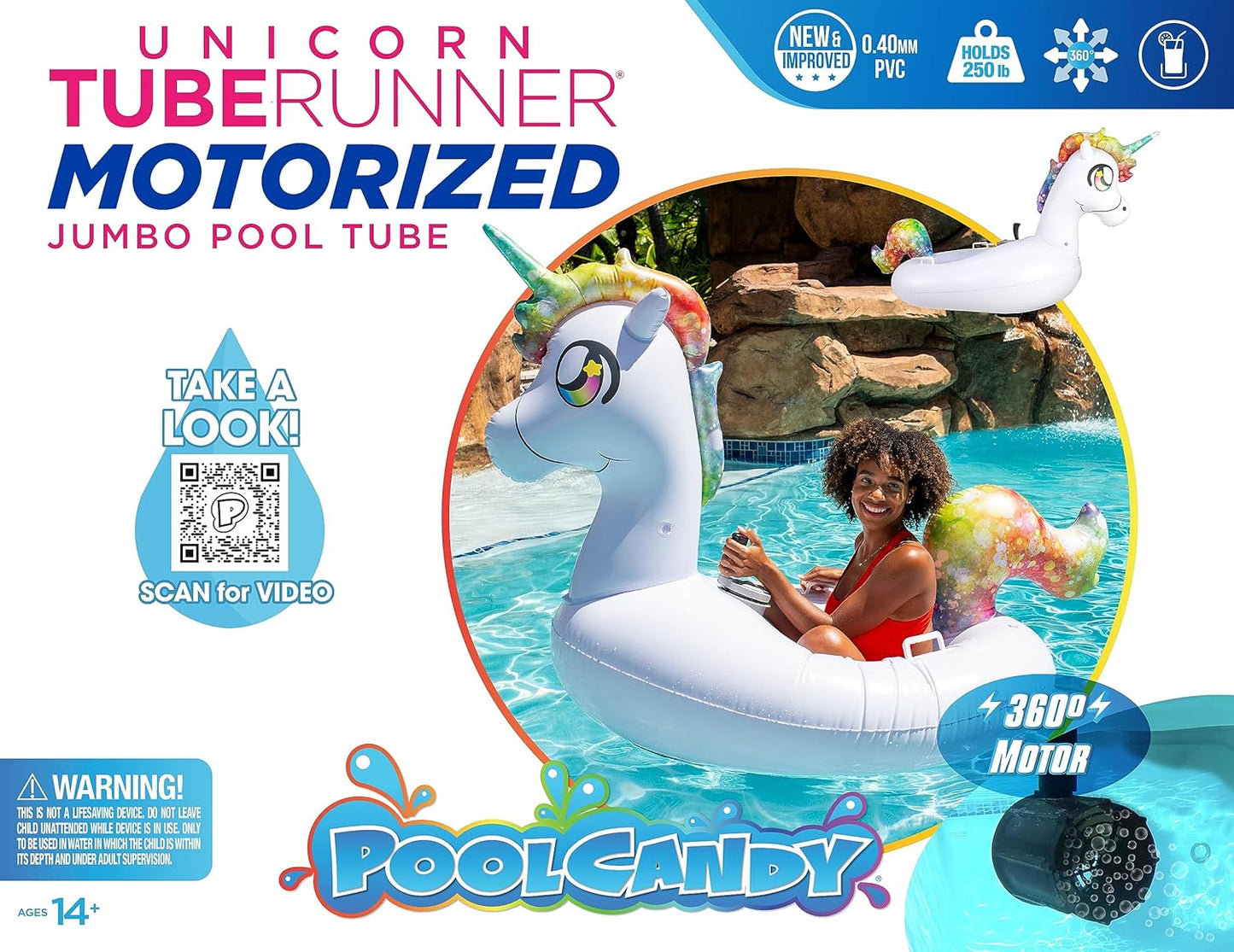 PoolCandy Tube Runner - Swimming Pool Motorized Inflatable Gigantic Animal Ride-ons (White Unicorn Pool Float)
