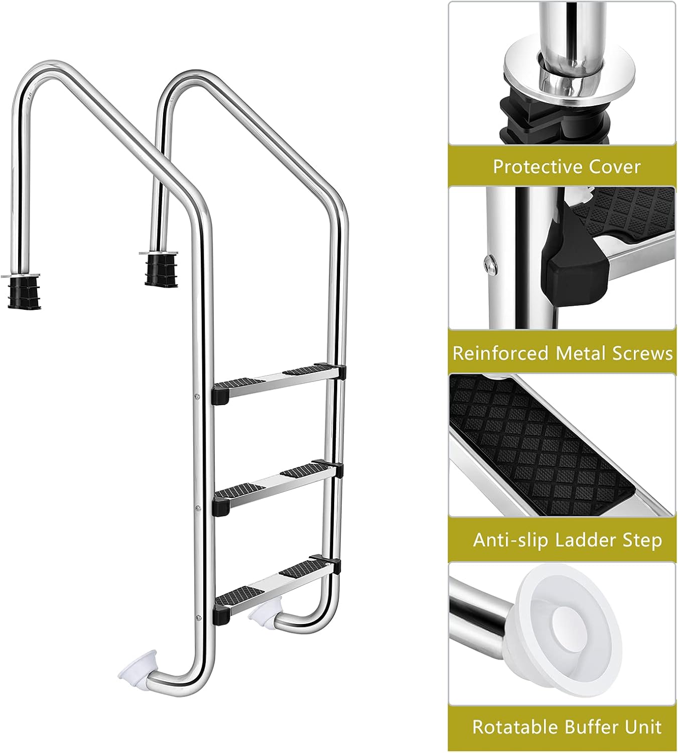 Goplus Swimming Pool Ladder, 3-Step/4-Step In-Ground Stainless Steel Step for Indoor/Outdoor Pool, Heavy Duty Non-Slip Ladder, Easy Assembly (3 Steps)