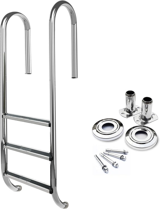 3 Treads In Ground Stainless Steel Swimming Pool Ladder Stainless Steel Steps Entry and Exit System For Up To 250 Pound Capacity replacement 1.90 Inch Diameter Wooden Concrete Deck(3 Treads)