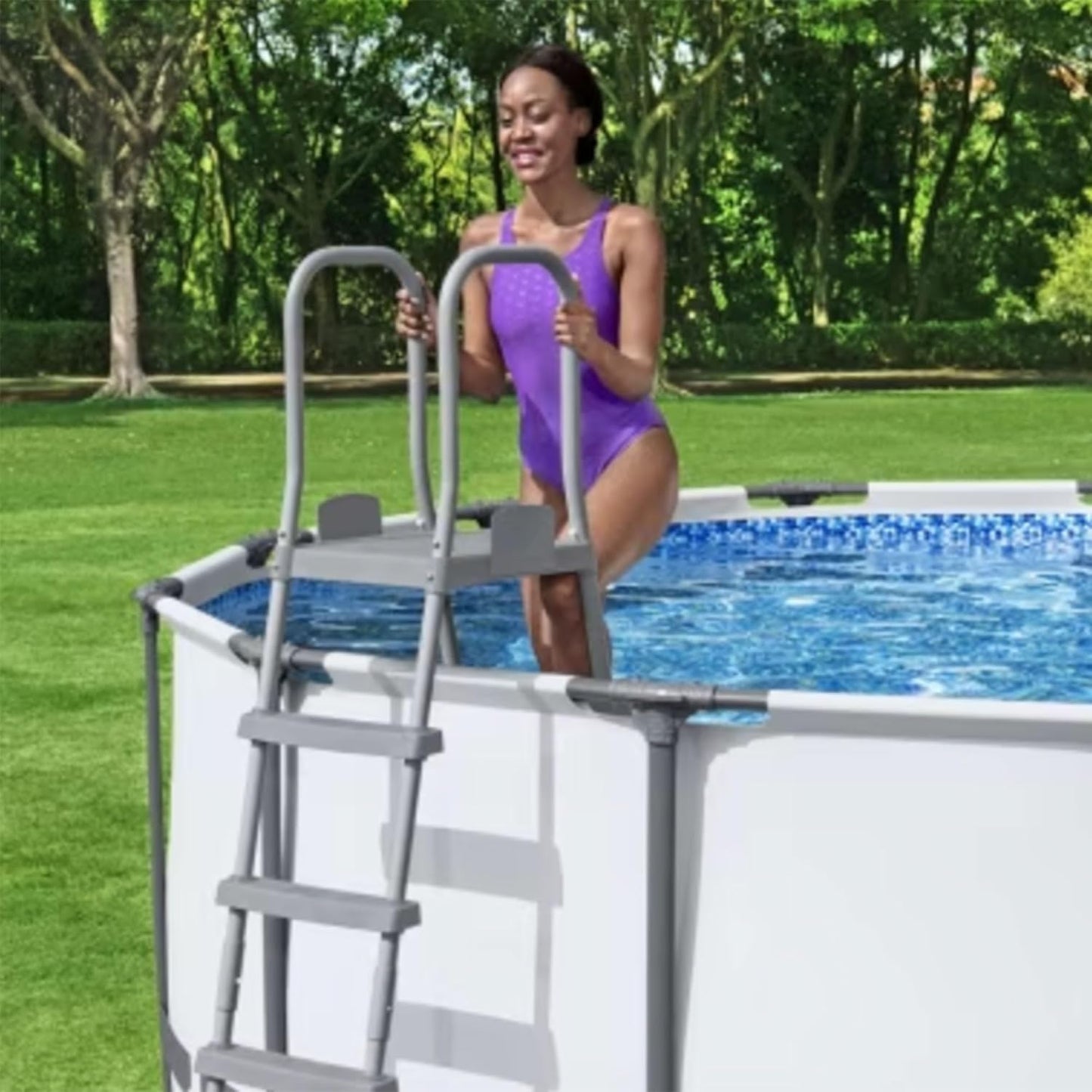 Bestway Flowclear 52 Inch Versatile Metal A Frame Above Ground Swimming Pool Ladder with Heavy Duty Plastic Double Sided Steps