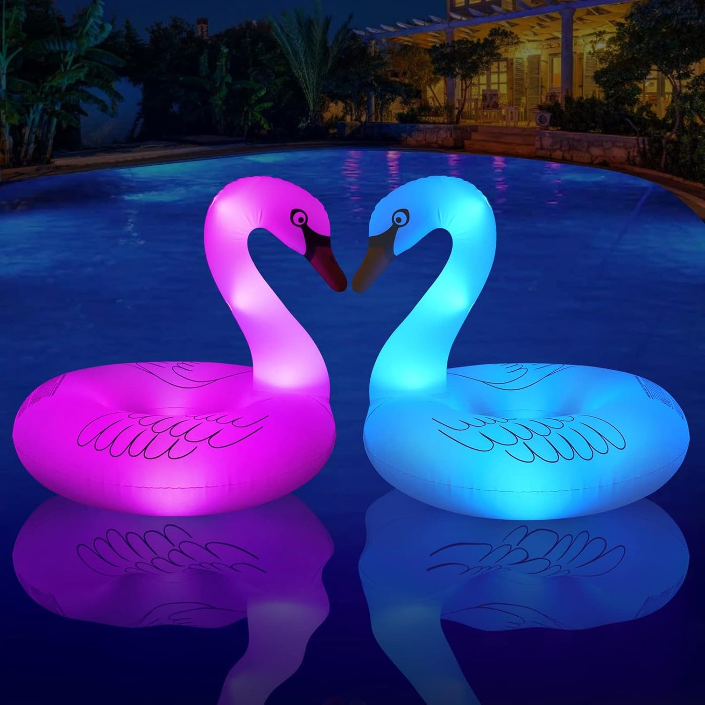 Inflatable Swan Pool Floats with Colorful Lights, FlyfreeU Solar Powered LED Color Changing Swan Swim Tube Rings, 42 Inch Large Pool Beach Floaties Lake Beach Floaty Summer Pool Raft Lounge for Adults