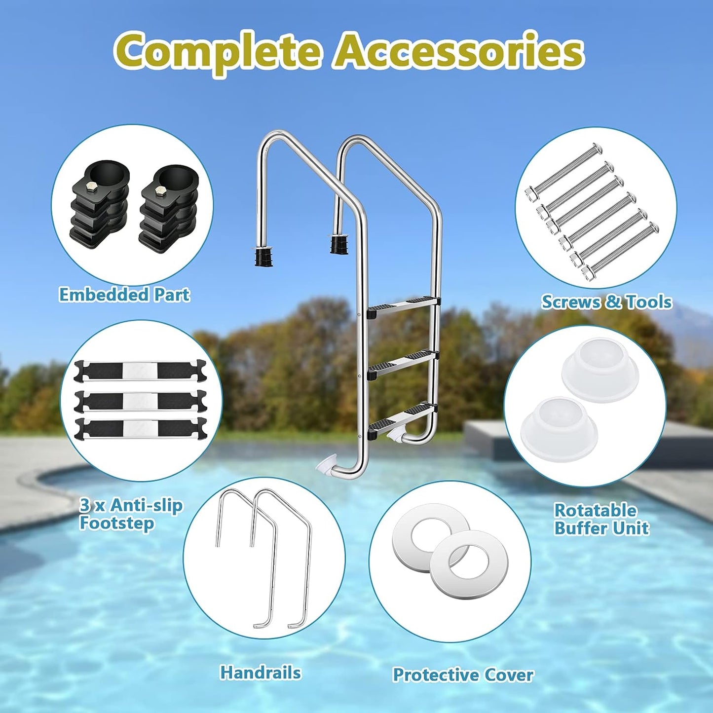 Goplus Swimming Pool Ladder, 3-Step/4-Step In-Ground Stainless Steel Step for Indoor/Outdoor Pool, Heavy Duty Non-Slip Ladder, Easy Assembly (3 Steps)