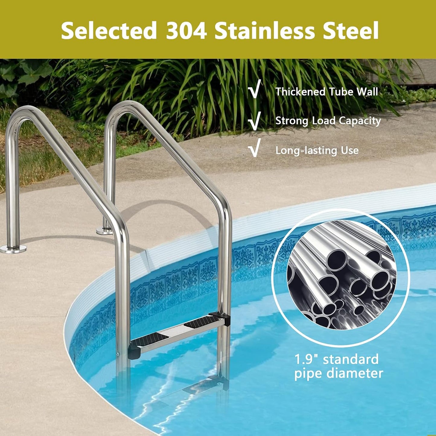 Goplus Swimming Pool Ladder, 3-Step/4-Step In-Ground Stainless Steel Step for Indoor/Outdoor Pool, Heavy Duty Non-Slip Ladder, Easy Assembly (3 Steps)