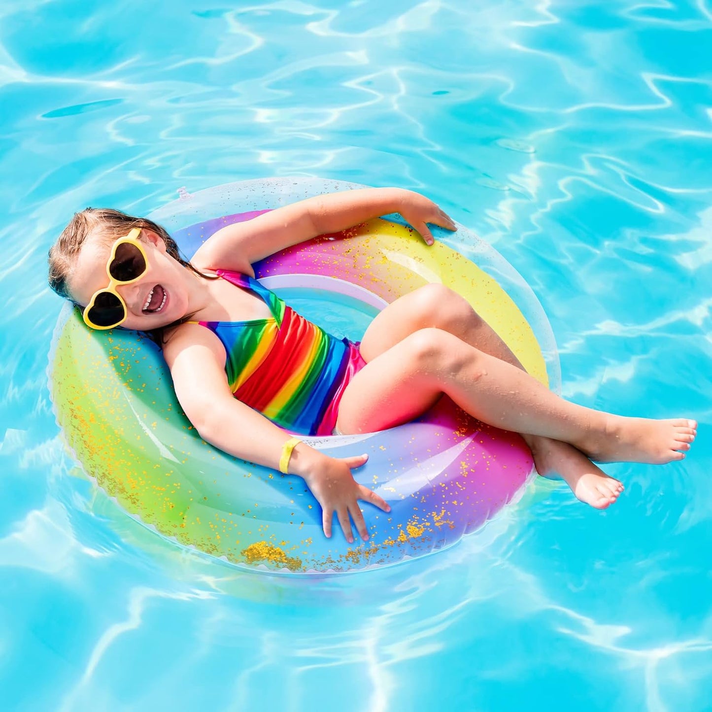 Elcoho 8 Pieces 36 Inches Inflatable Pool Floats Colorful Glitter Pool Tubes Transparent Swimming Ring Pool Floats Toy for Summer Beach, Pool Supplies