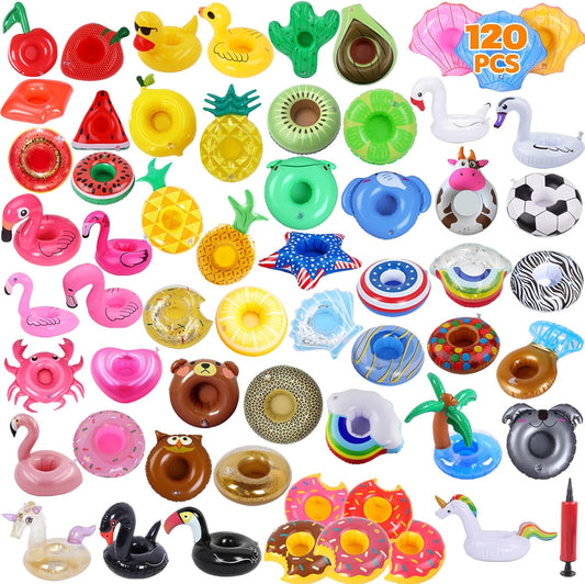 LanMa 120 Pcs Inflatable Drink Holders Bulk Pool Drink Floats Cup Holder with Pump for Swimming Pool Party