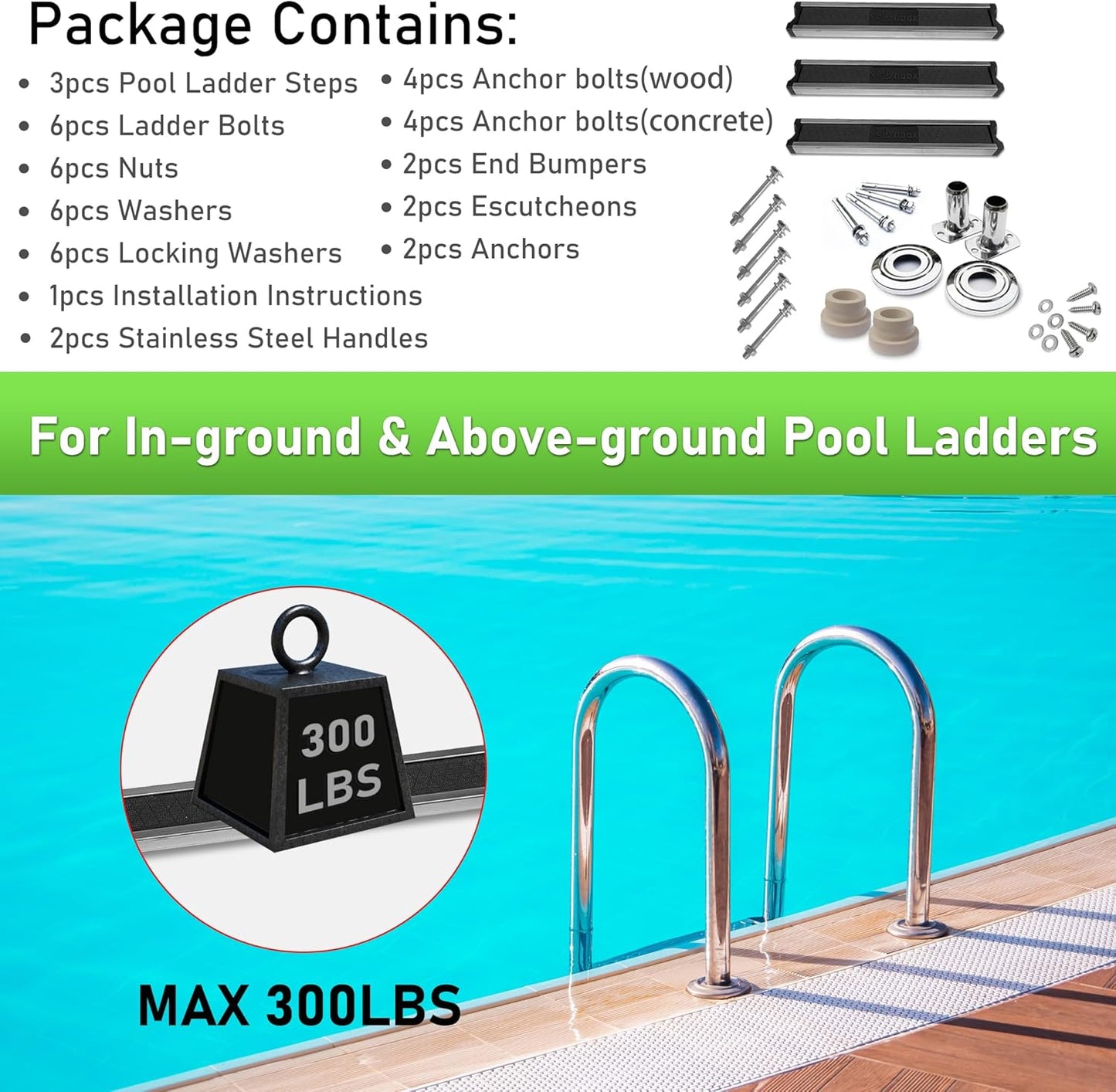 3 Treads In Ground Stainless Steel Swimming Pool Ladder Stainless Steel Steps Entry and Exit System For Up To 250 Pound Capacity replacement 1.90 Inch Diameter Wooden Concrete Deck(3 Treads)