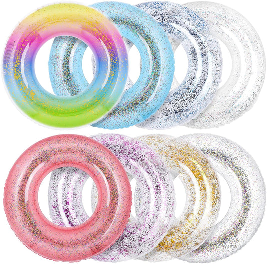 Elcoho 8 Pieces 36 Inches Inflatable Pool Floats Colorful Glitter Pool Tubes Transparent Swimming Ring Pool Floats Toy for Summer Beach, Pool Supplies
